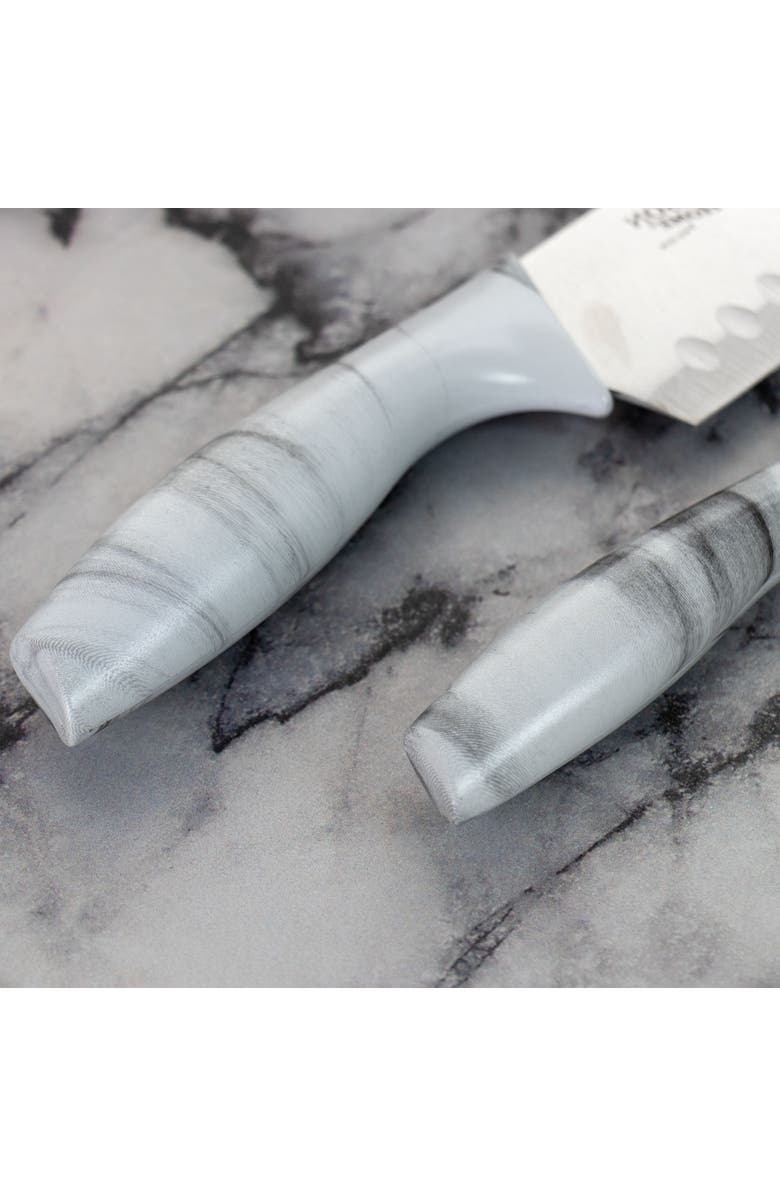 Gibson Home Beaumont 3 Piece Stainless Steel Santoku Knife Set with Cutting Board Marble, Alternate, color, White