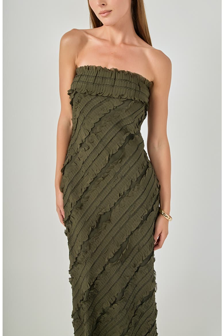 Ruffle Strapless Maxi Dress, Alternate, color, OLIVE BROWN