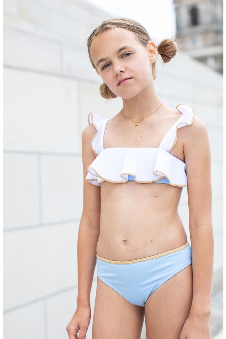 Ruffled Shoulders with Shimmering Bronze Piping Two-Piece Bikini, Alternate, color, Blue-White