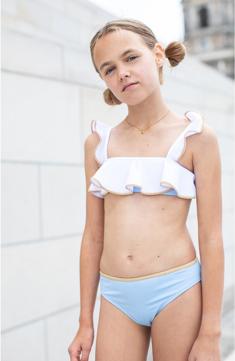 NESSI BYRD Ruffled Shoulders with Shimmering Bronze Piping Two-Piece Bikini, Alternate, color, Blue-White