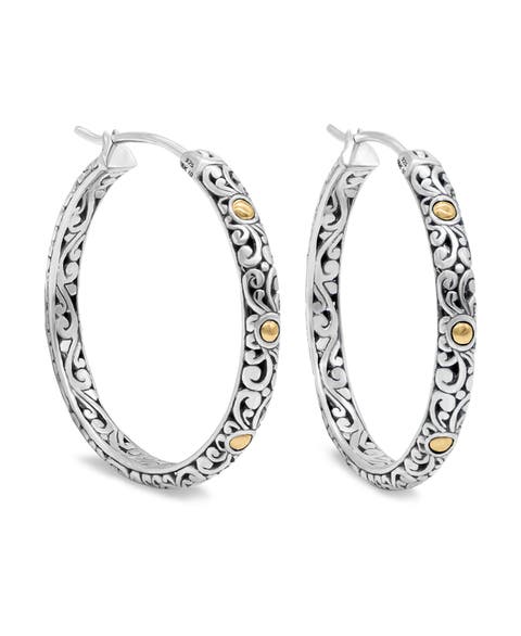 35mm Filigree Hoop Earrings in Sterling Silver and 18K Gold