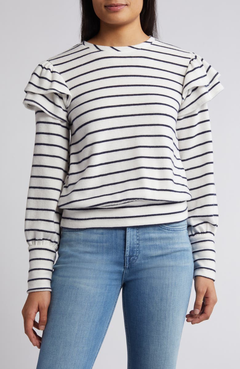 Caslon<sup>®</sup> Stripe Ruffle Shoulder Sweatshirt Top, Main, color, Ivory Cloud-Navy Bailey Stripe