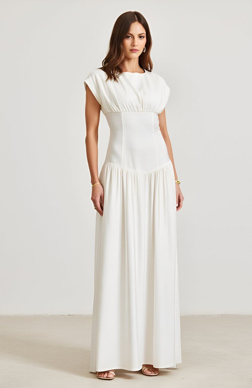 Modenaire Cap-sleeve Maxi Dress With Lace-up Back In White