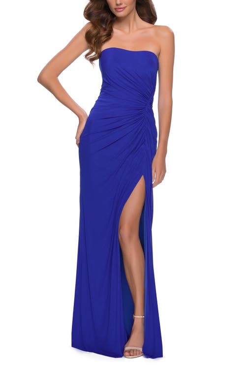La Femme Strapless Jersey Dress with Ruching and Skirt Slit in Royal Blue 