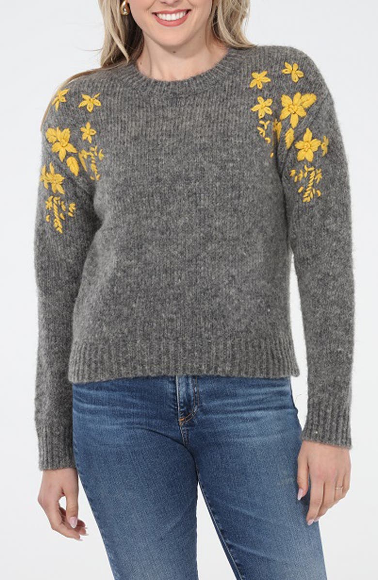 RAIN AND ROSE Floral Embroidered Sweater, Main, color, Grey