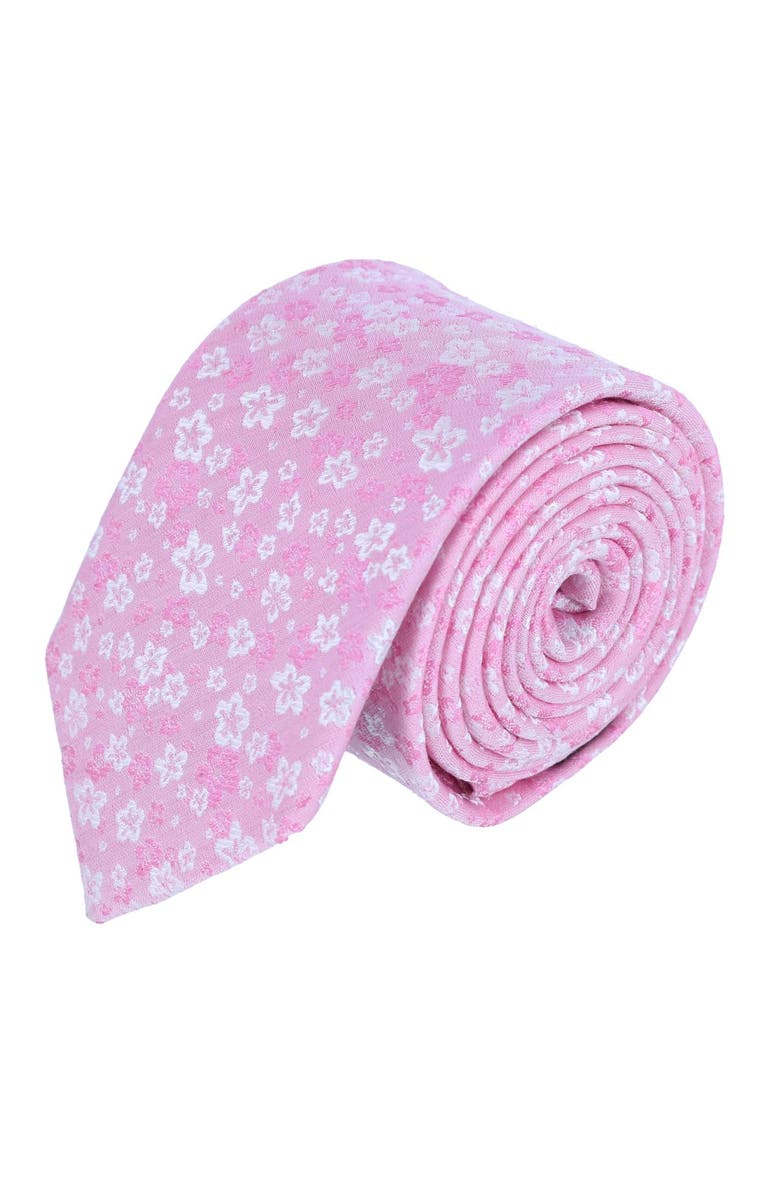Trafalgar Hanami Cherry Blossom Burst Linen Blend Novelty Necktie, Main, color, Pink