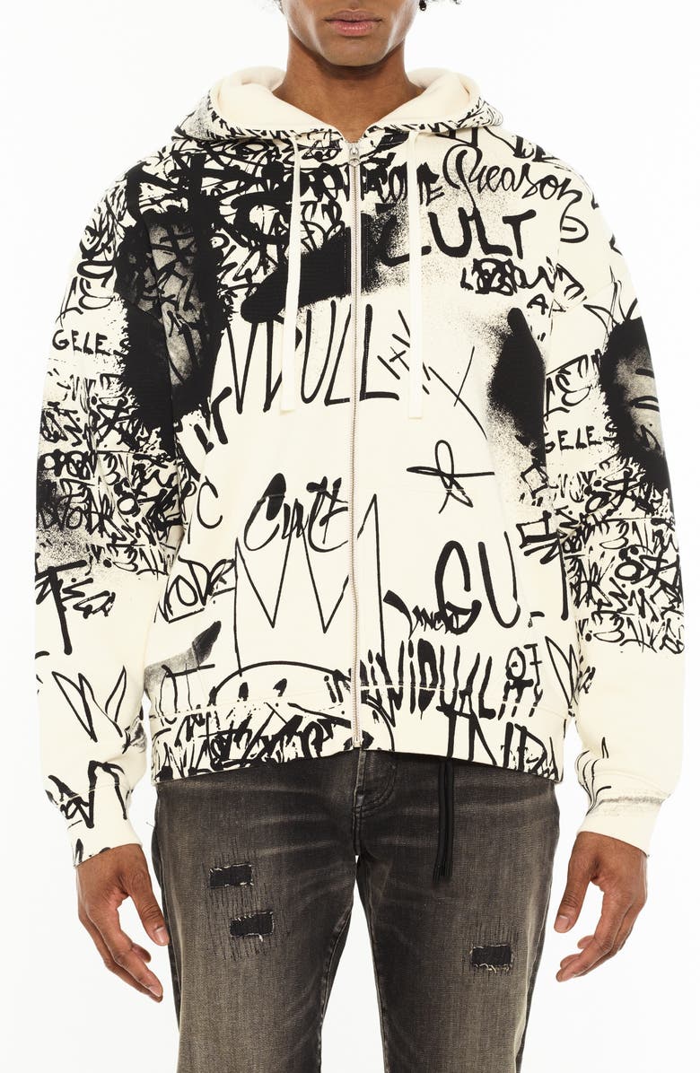 Cult of Individuality Scribbled Graphic Zip Hoodie, Main, color, Winter White