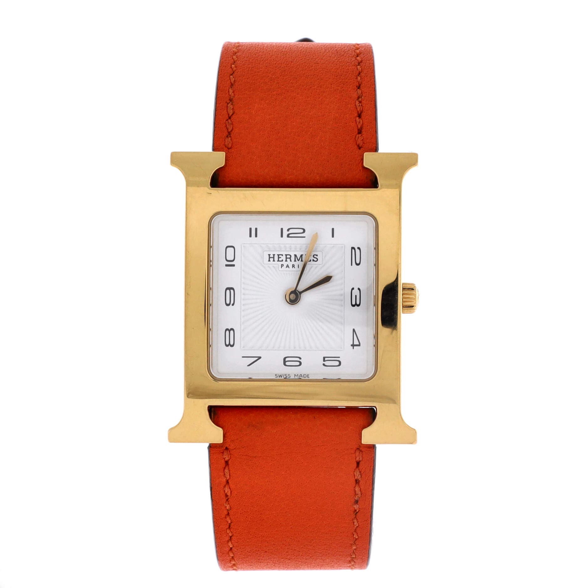 Pre-Owned Hermes Heure H Quartz Watch Plated Metal and Leather 26, Main, color, Orange