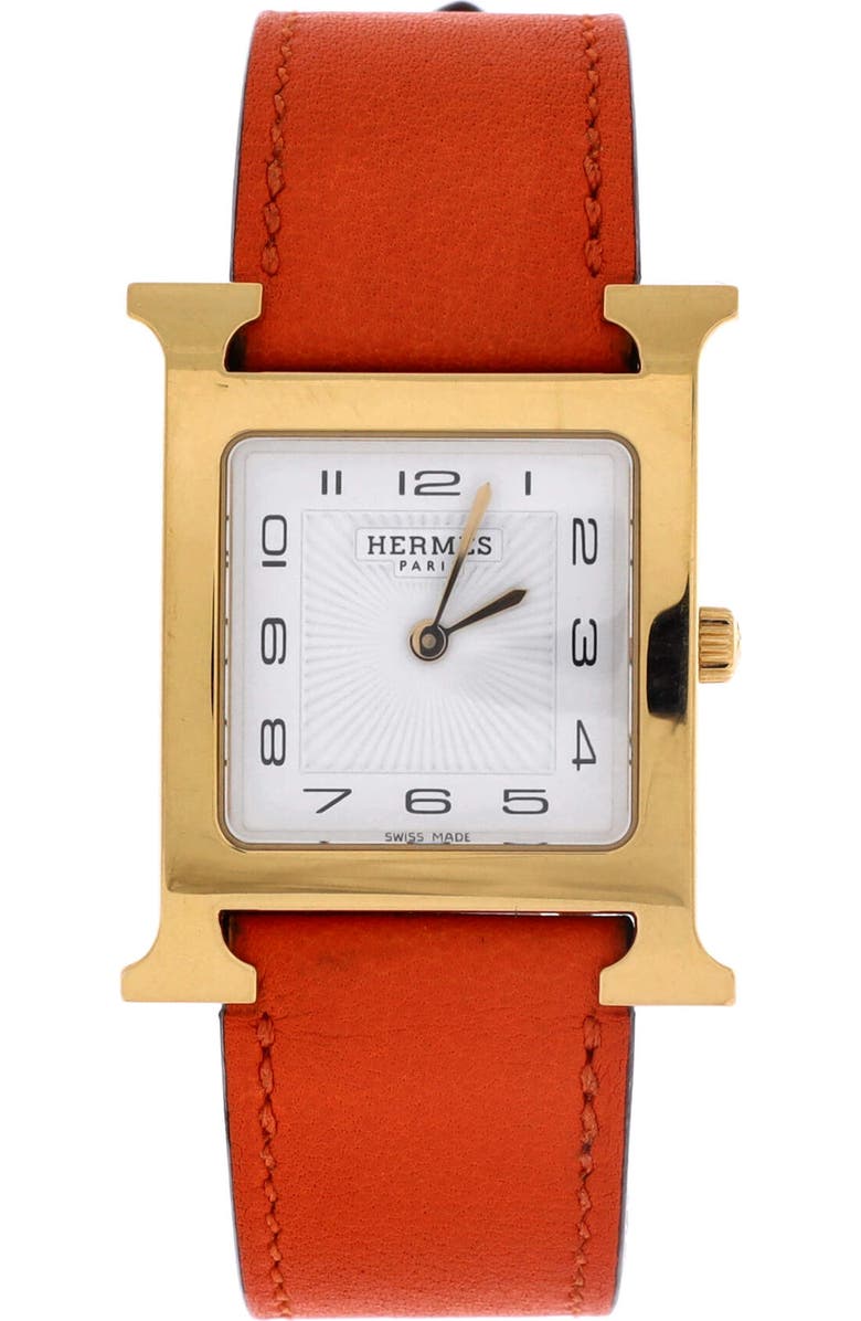 Pre-Owned Hermes Heure H Quartz Watch Plated Metal and Leather 26, Main, color, Orange