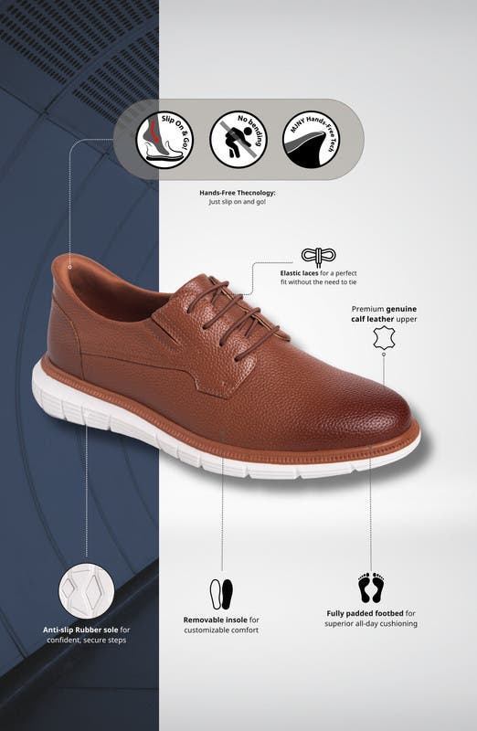 Marc Joseph New York Cloud Street Hands Free Technology Leather Plain Toe Casual Oxford, Alternate, color, Cognac Grainy Leather