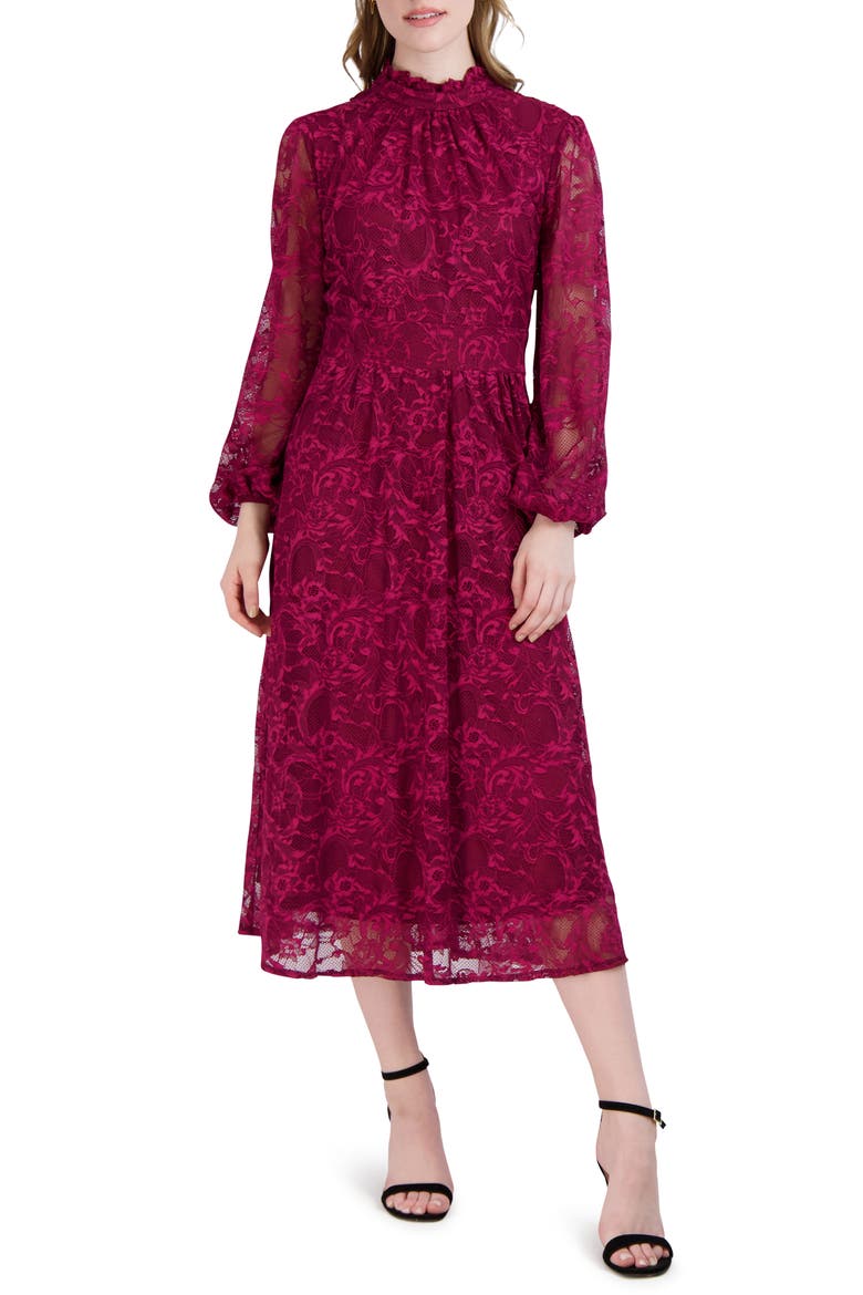 Long Sleeve Lace Cocktail Dress, Main, color, WINE