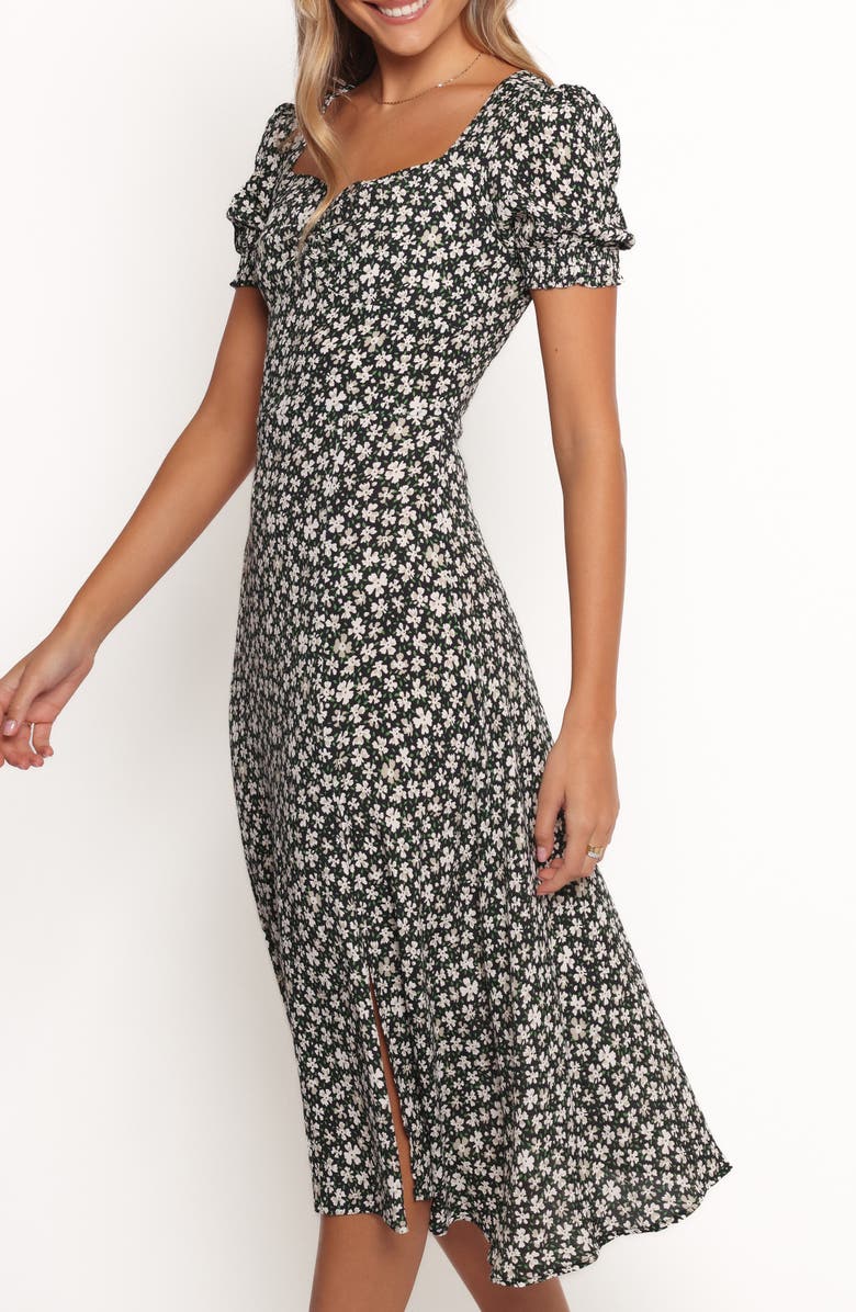Petal & Pup Franklin Floral Puff Sleeve Midi Dress, Alternate, color, Black Floral