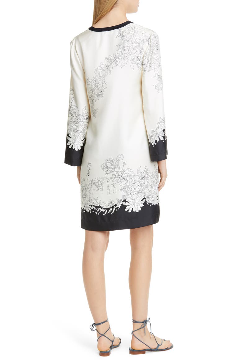 Cheetah & Floral Print Long Sleeve Silk Shift Dress, Alternate, color, BLACK