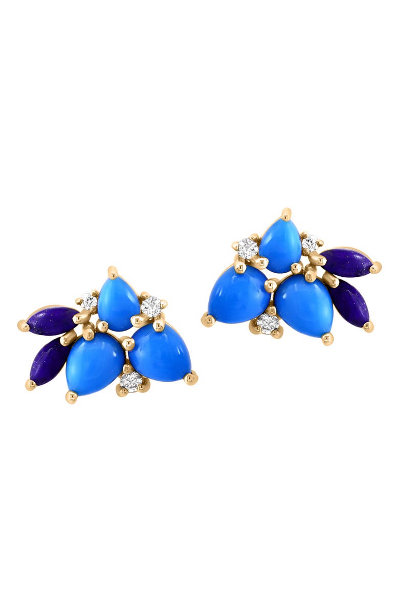 EFFY 14K Yellow Gold Lapis Lazui, Turquoise & Diamond Cluster Stud Earrings - 0.08ct., Main, color, 