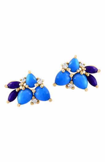 EFFY 14K Yellow Gold Lapis Lazui, Turquoise & Diamond Cluster Stud Earrings - 0.08ct.