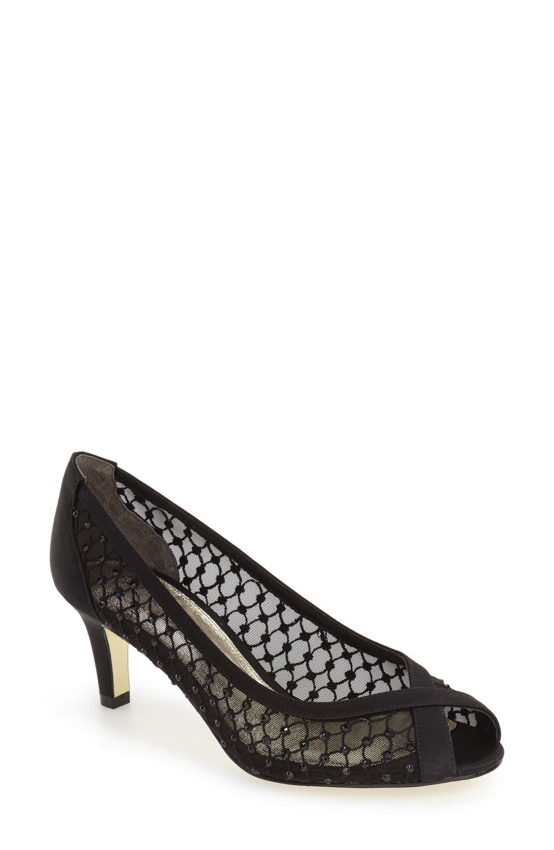 'Zandra' Crystal Embellished Peep Toe Pump, Main, color, BLACK FAILLE