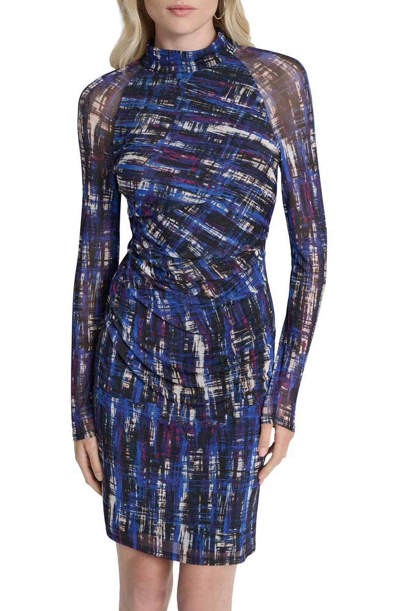 DKNY Long Sleeve Ruched Mesh Body-Con Dress, Alternate, color, Classc Blu