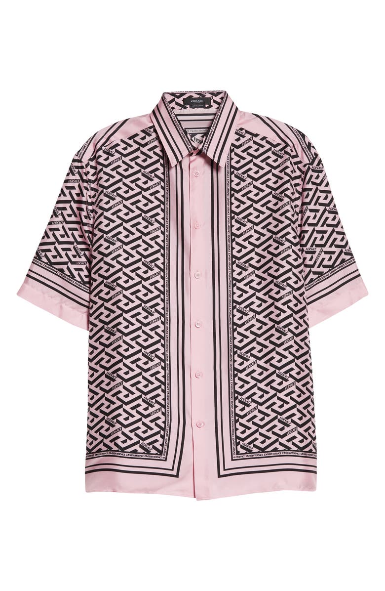 Versace La Greca Print Short Sleeve Silk Button-Up Shirt, Alternate, color,
