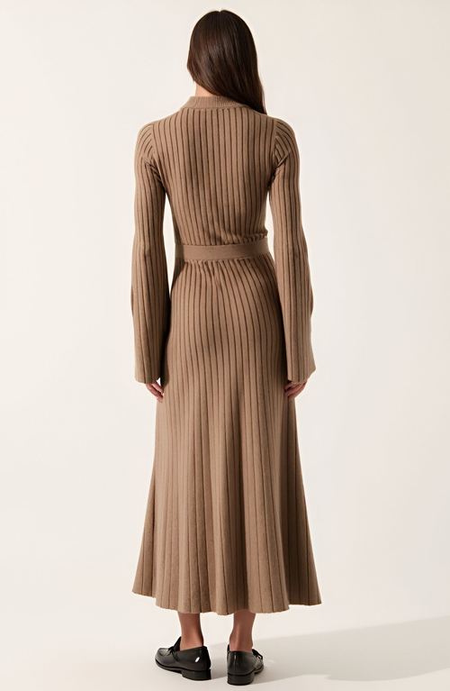 Modenaire Ribbed Knit Long Sleeve Maxi Dress With Flared Cuffs And Fit-and-flare In Brown