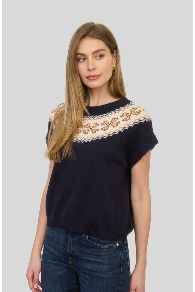 Fair Isle Yoke Short Sleeve Sweater, Alternate, color, NAVY