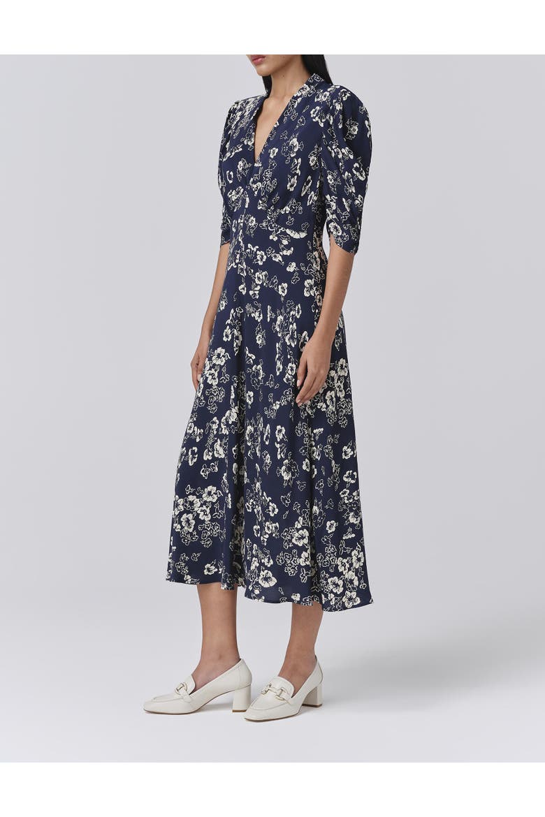 Mia Crepe Floral Midi Tea Dress, Alternate, color, Navy Floral