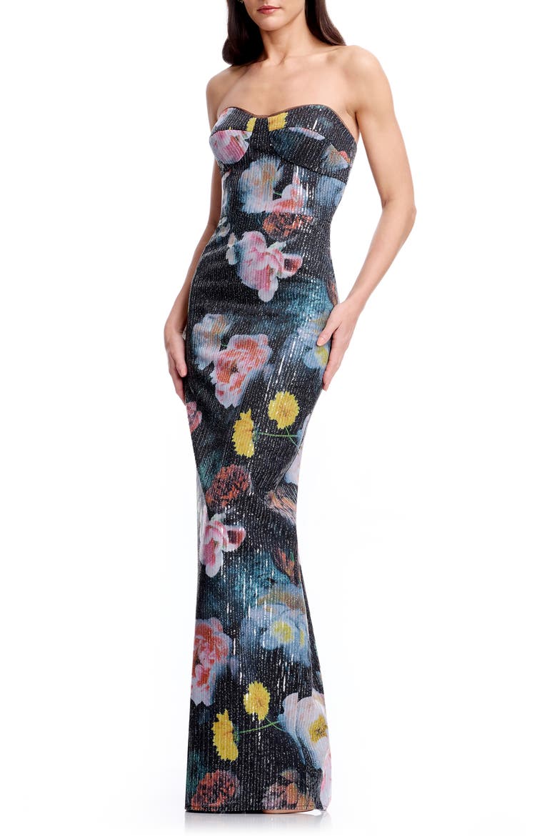 Vada Floral Sequin Strapless Gown, Main, color, BLACK MULTI
