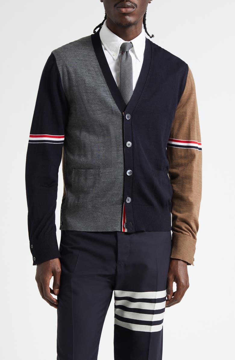 Thom Browne Fun-Mix Colorblock Relaxed Virgin Wool Cardigan, Main, color, Navy/ Grey/ Brown