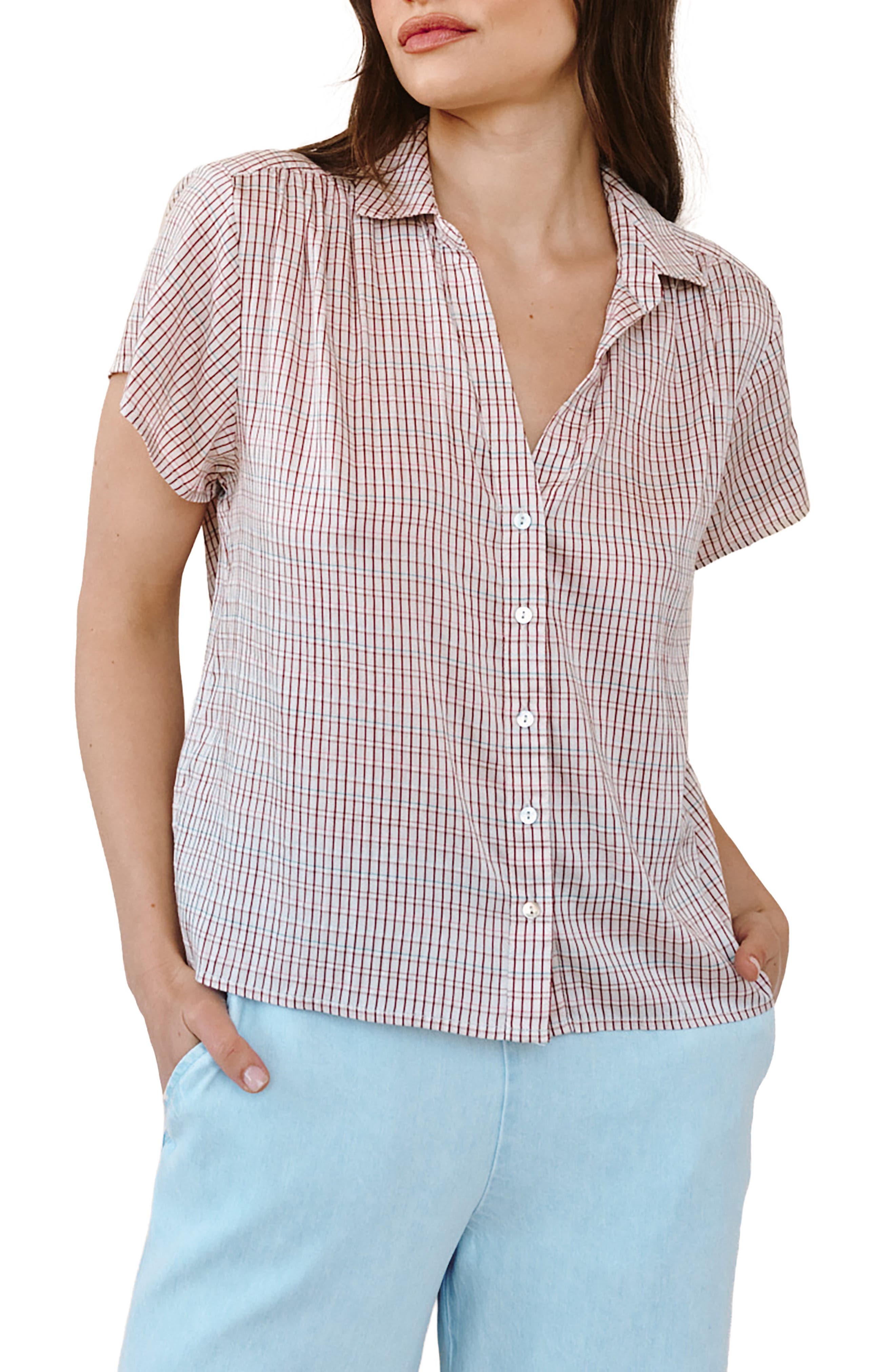 Check Shirred Short Sleeve Button-Up Shirt
