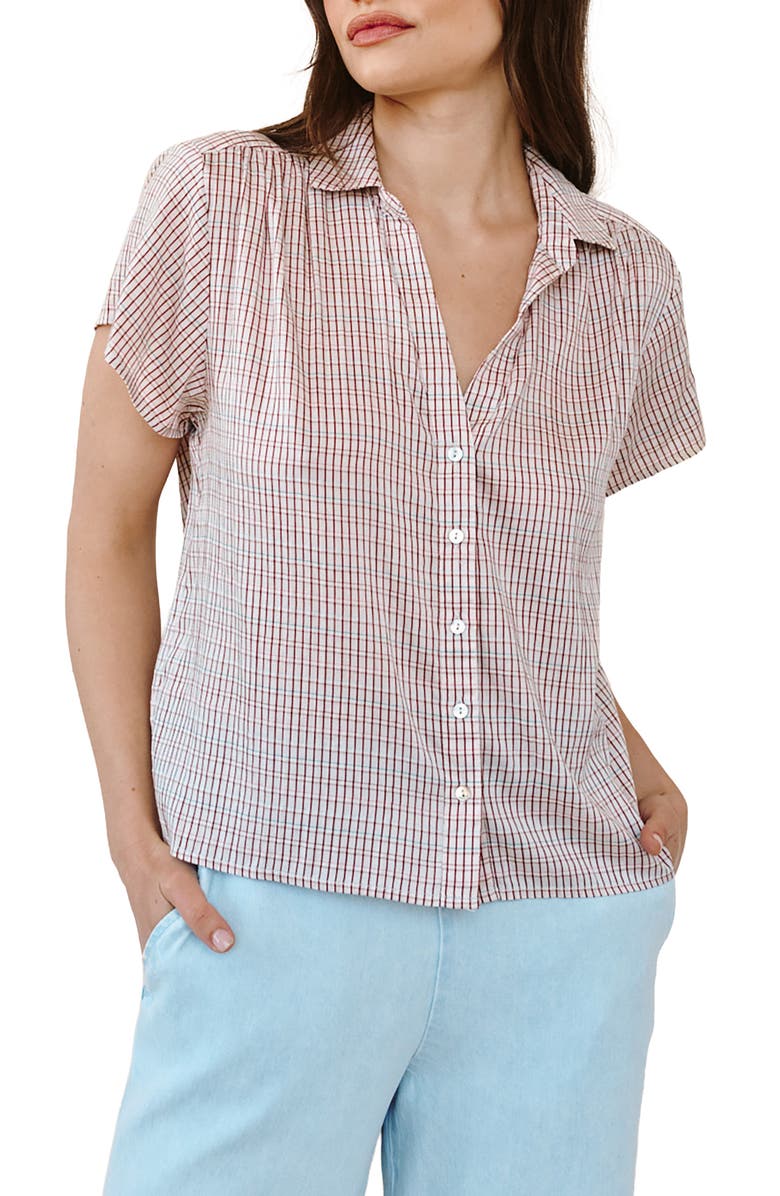 Bella Dahl Check Shirred Short Sleeve Button-Up Shirt, Main, color, Sunwashed Check