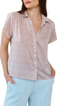 Bella Dahl Check Shirred Short Sleeve Button-Up Shirt