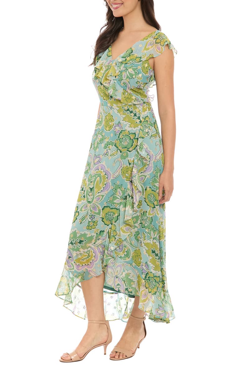 Ruffle Cap Sleeve Chiffon Faux Wrap Dress, Alternate, color, AQUA/ GREEN