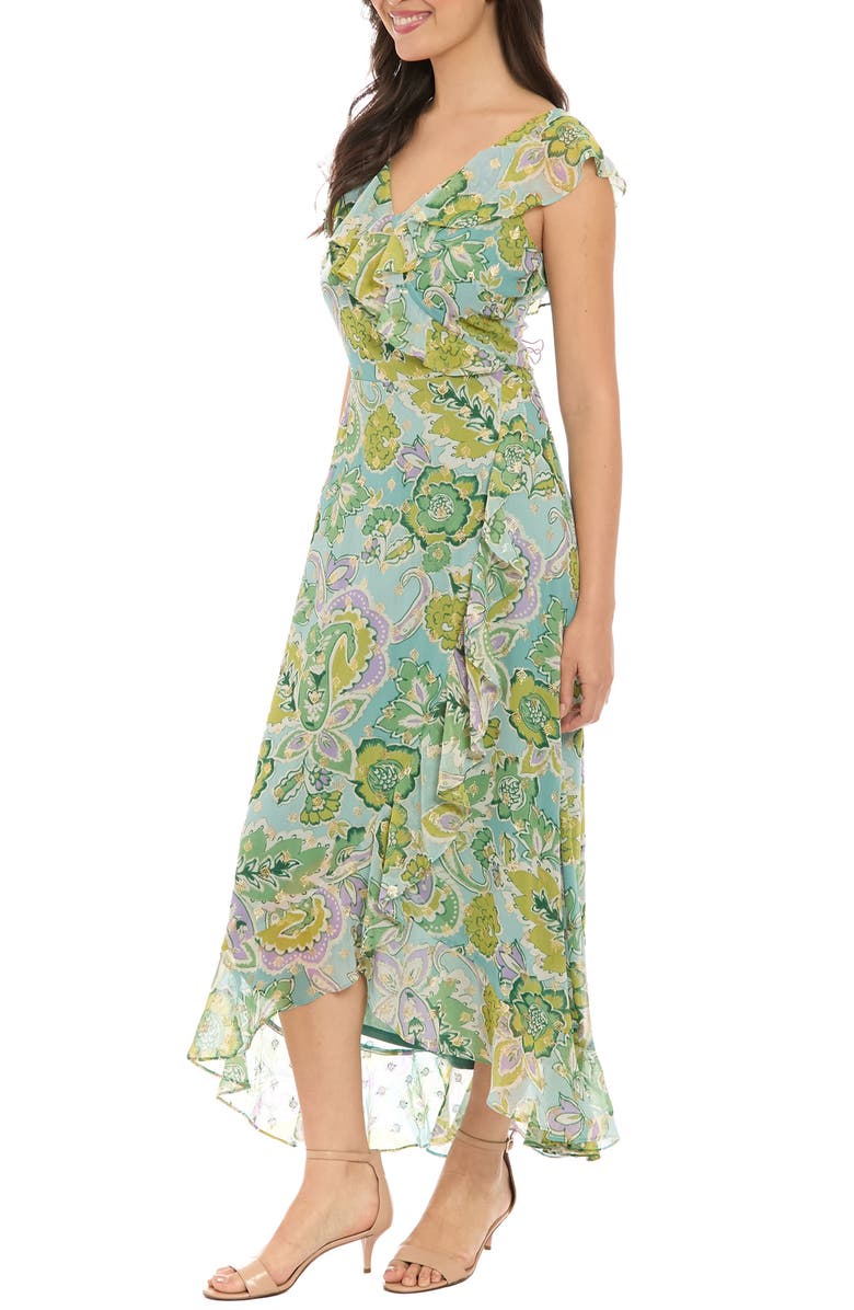 London Times Ruffle Cap Sleeve Chiffon Faux Wrap Dress, Alternate, color, Aqua/ Green