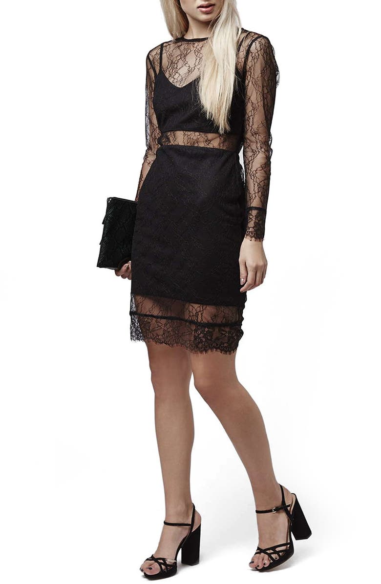 Topshop Lace Overlay Body-Con Dress, Main, color,