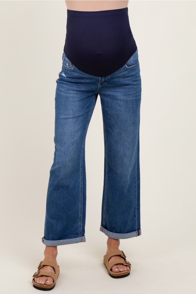 Cuffed Hem Wide Leg Cropped Maternity Jeans, Alternate, color, Navy Blue