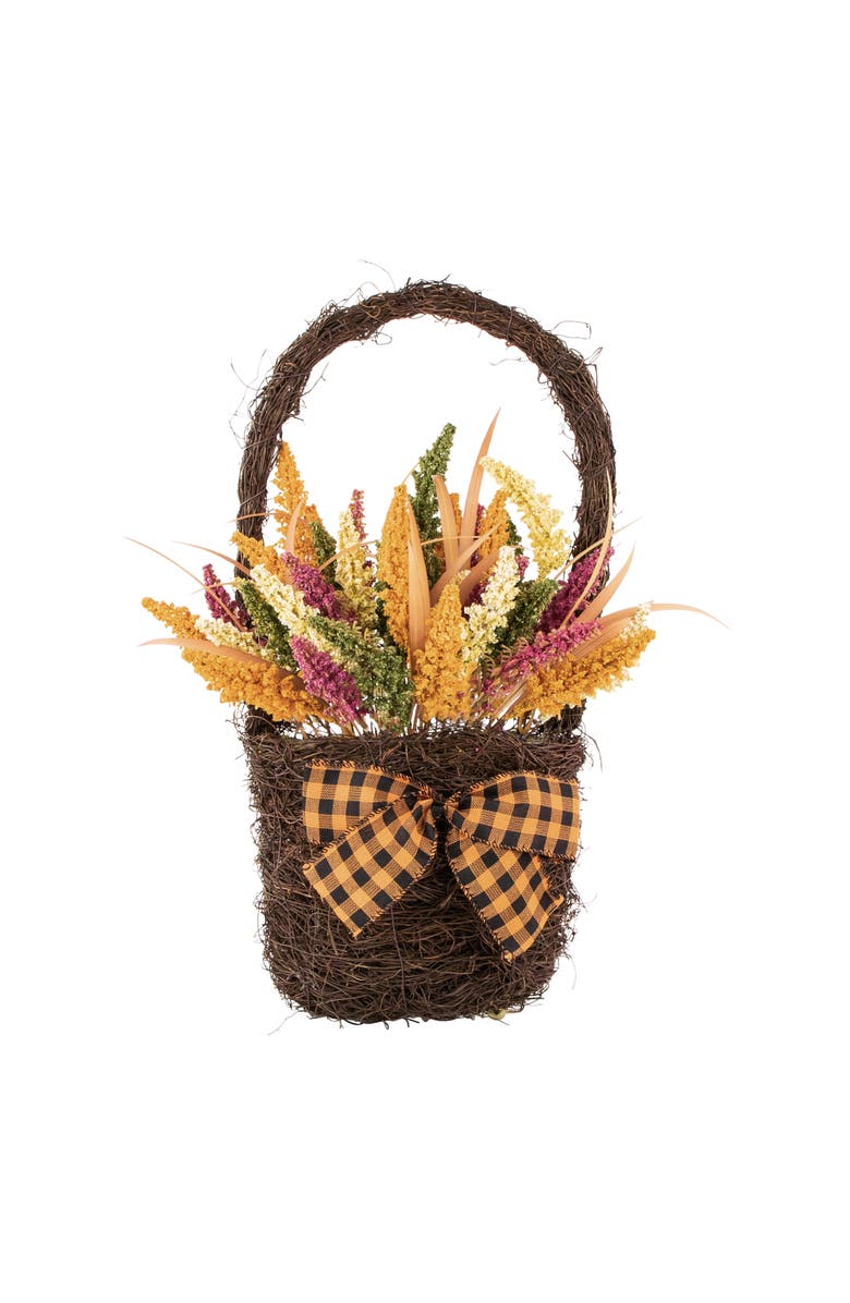 Northlight Autumn Harvest Hanging Basket with Artificial Foliage and Checkered Bow - 22", Main, color, 
