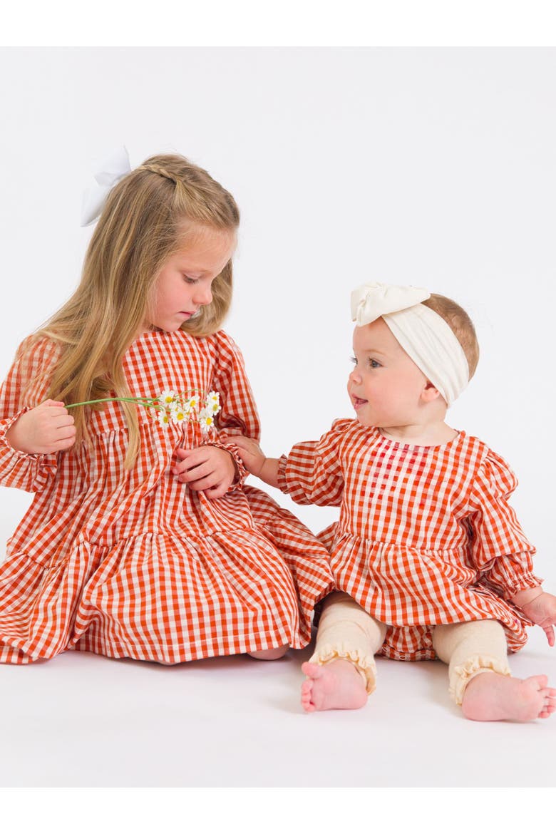 Baby Girls Woven Long Sleeve Bubble Romper, Alternate, color, Classic Rust Gingham