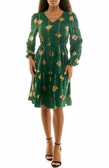 Nina Leonard Balloon Sleeve Drawstring Dress