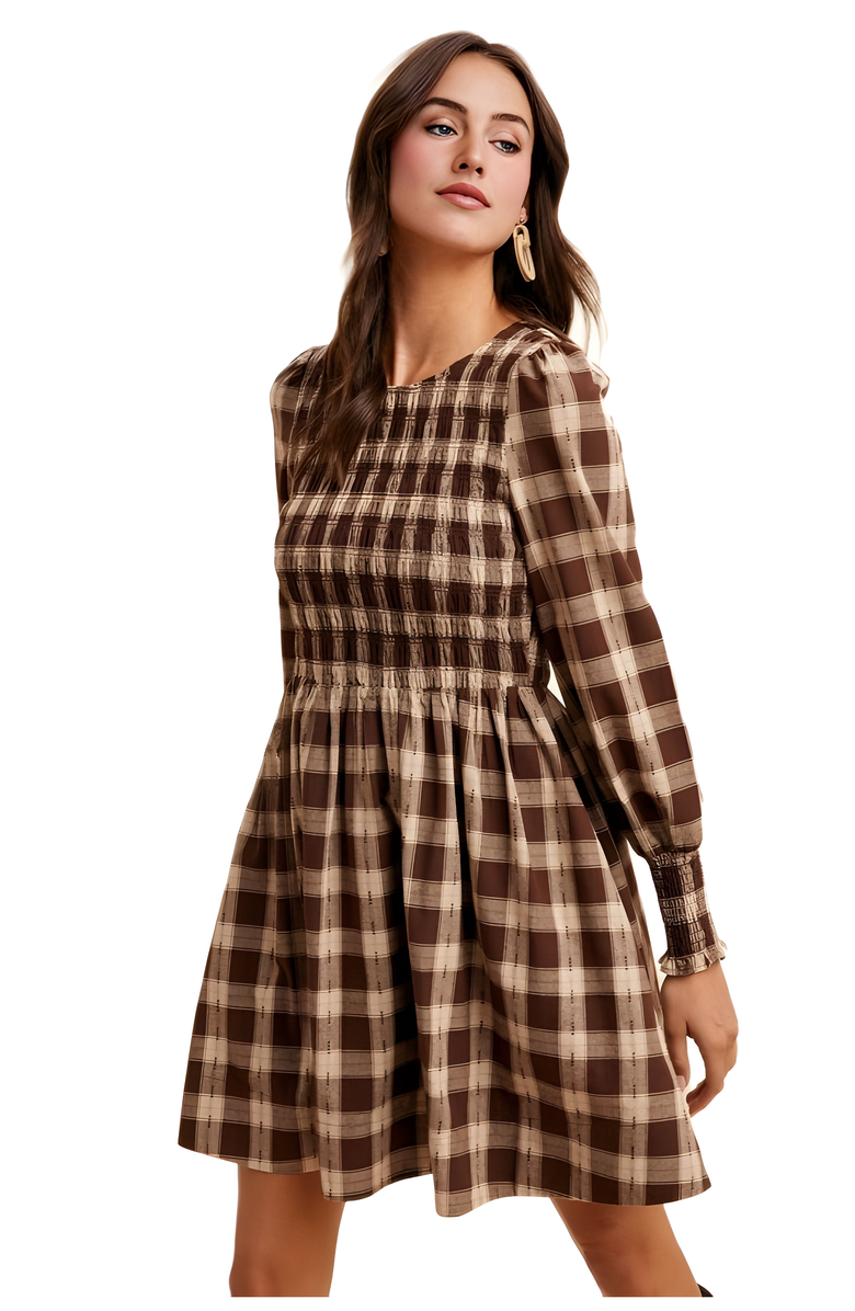 Knit and Lounge Smocked Plaid Long Sleeve Mini Dress, Alternate, color, 