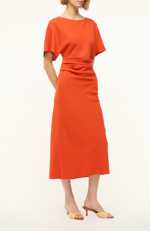 Staud Amelie Ruched Crepe Midi Dress In Cayenne