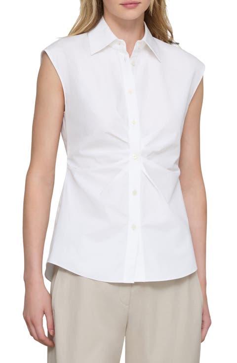 Irregular Pleated Sleeveless Button-Up Shirt