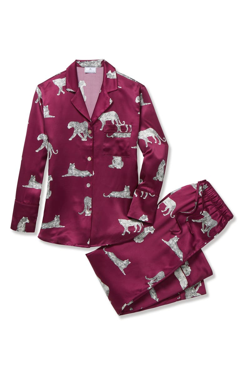 Petite Plume Panthre de Nuit Piped Silk Satin Pajamas, Alternate, color, Red