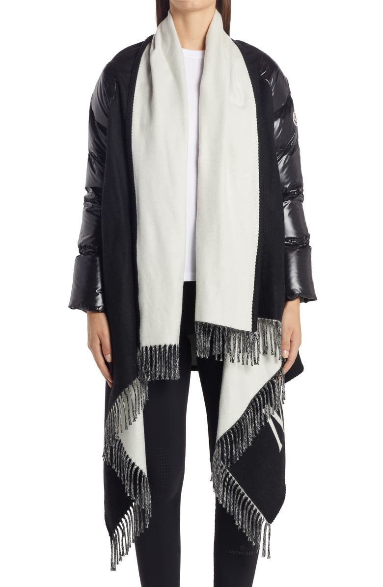 Moncler Logo Down Sleeve Wool Cape, Alternate, color, 