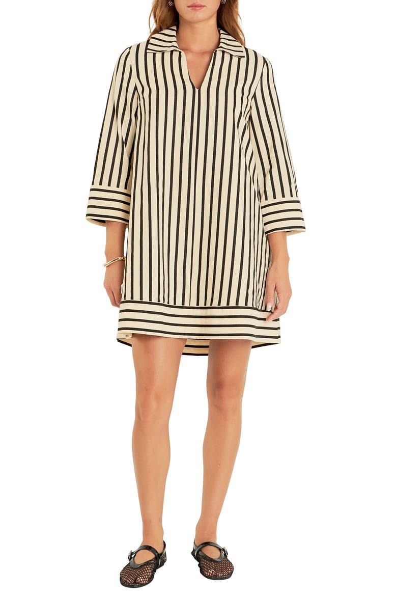 Stripe Three-Quarter Sleeve Dress, Main, color, BEIGE/ BLACK