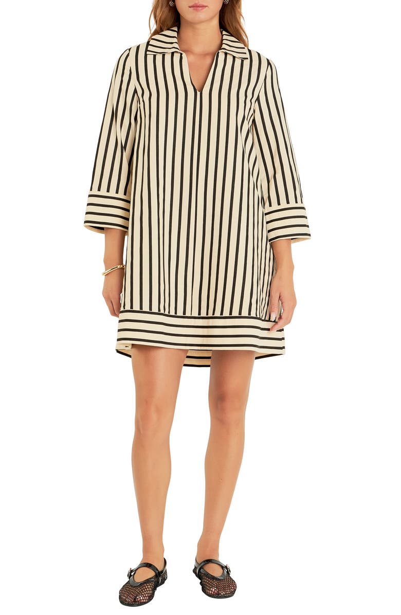 English Factory Stripe Three-Quarter Sleeve Dress, Main, color, Beige/ Black