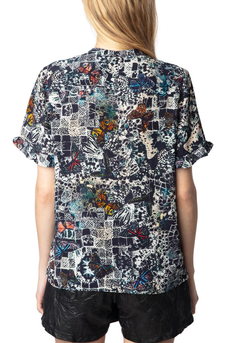 Tafiz Butterfly Print Tie Neck Button-Up Shirt, Alternate, color, ENCRE