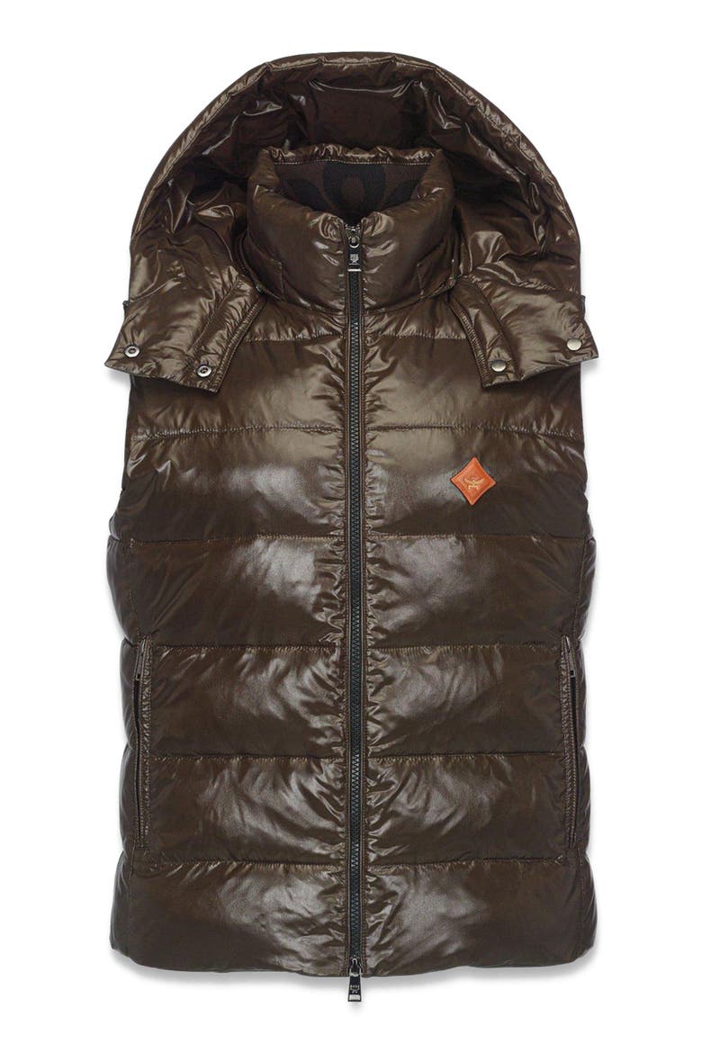 Puffer Down Vest w/ Detachable Hood in Recycled Nylon, Alternate, color, Brown
