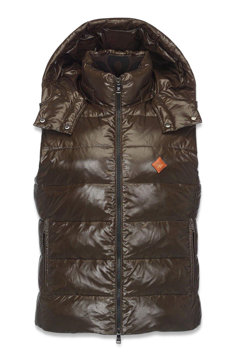 MCM Puffer Down Vest w/ Detachable Hood in Recycled Nylon, Alternate, color, Brown