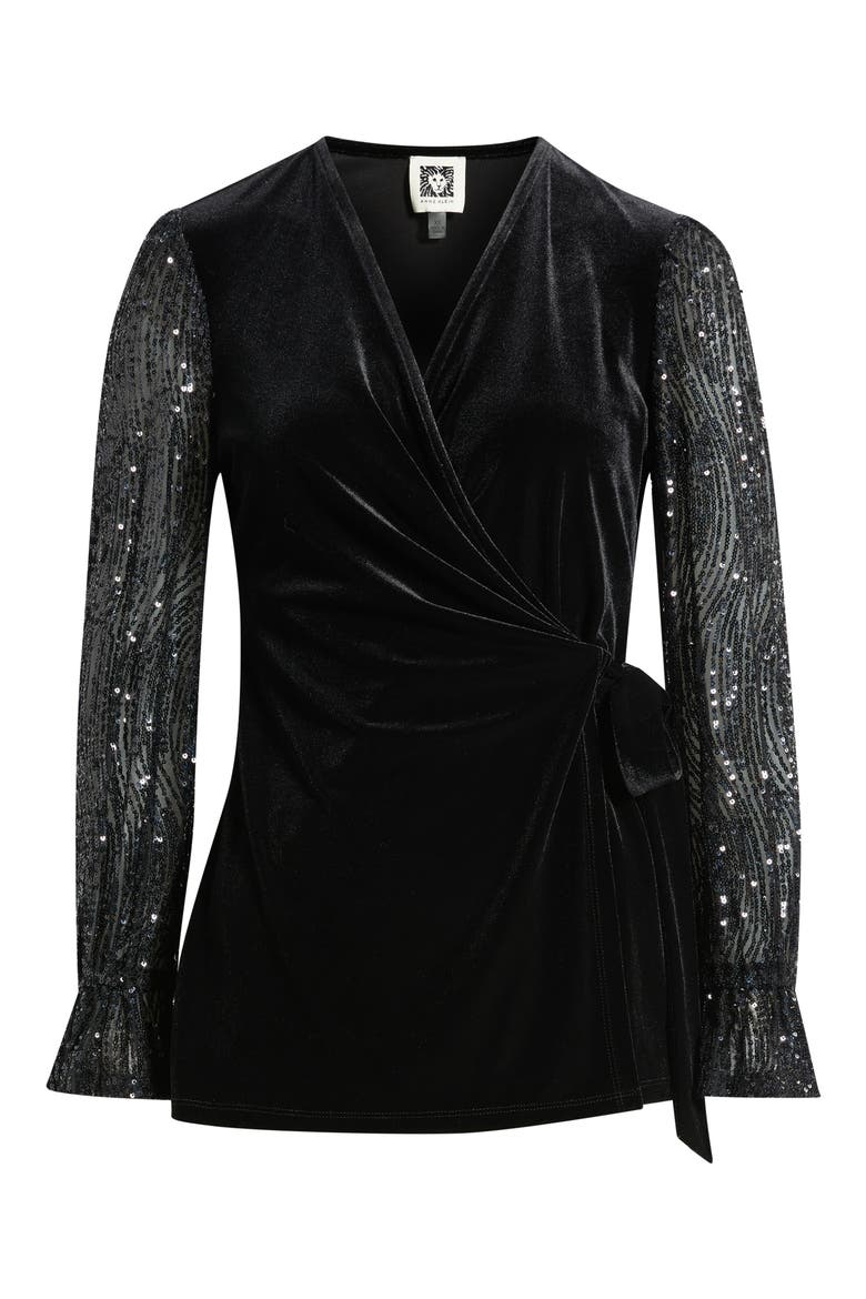 Leo Sequin Sleeve Velvet Wrap Top, Alternate, color, ANNE BLACK