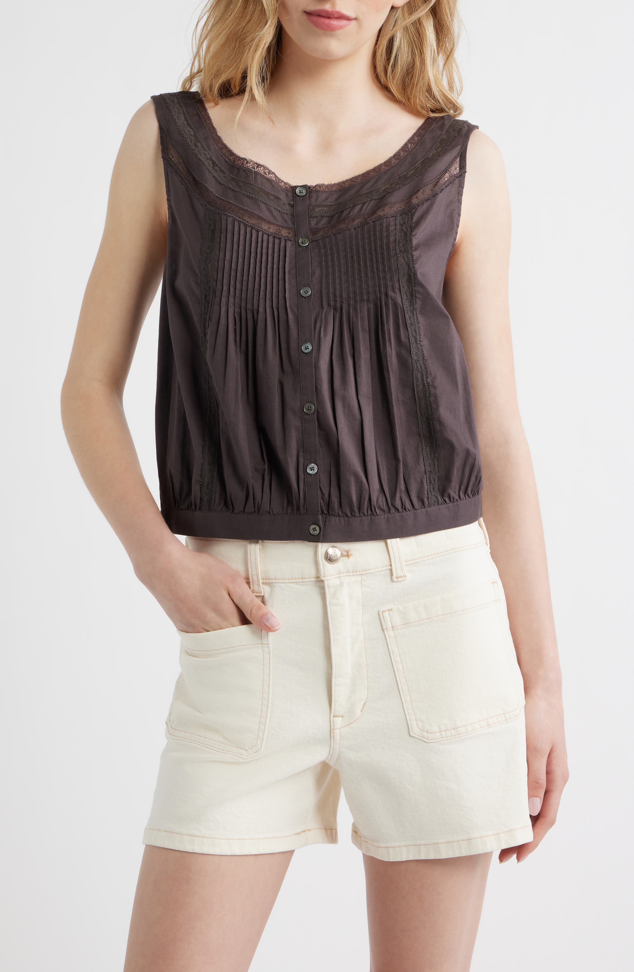 Lace Inset Pintuck Sleeveless Top (Women) | Nordstrom