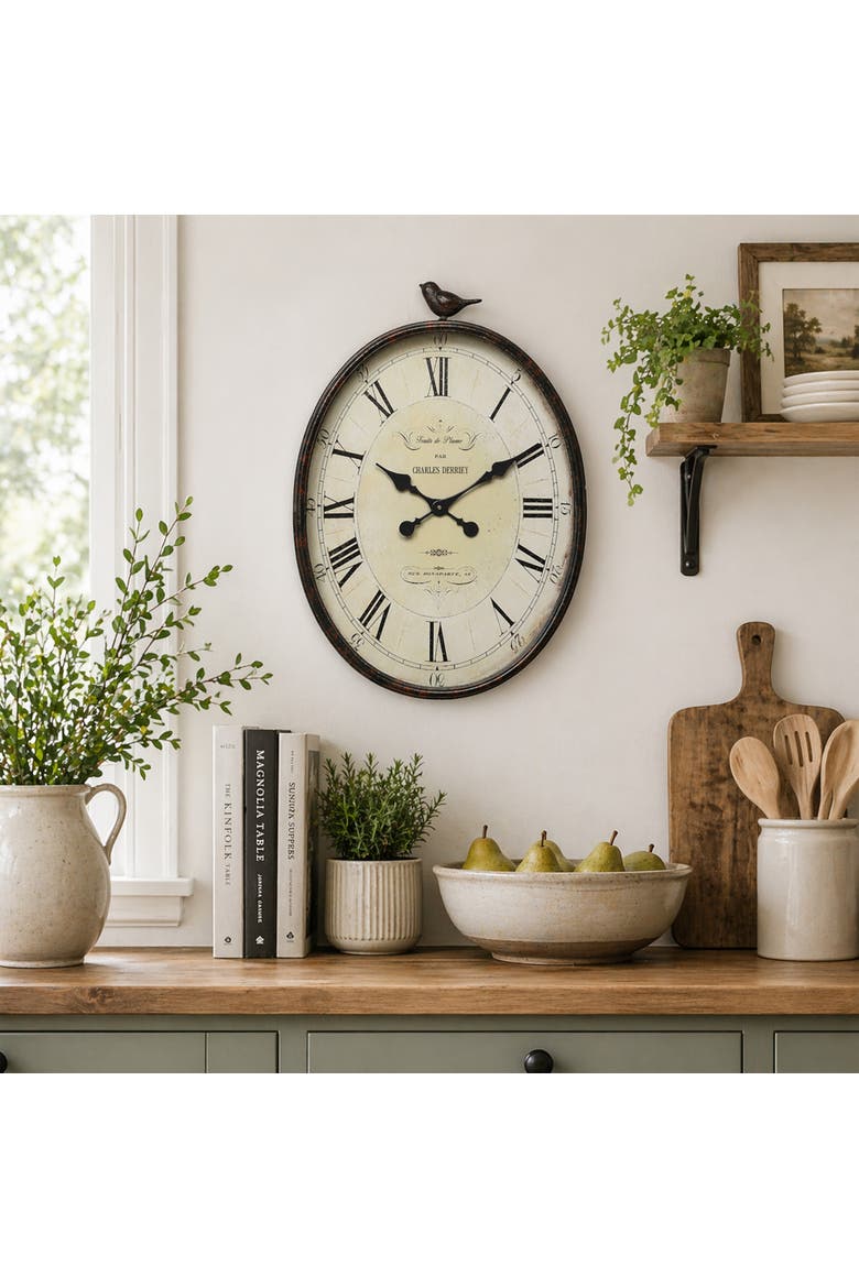 Oval Metal Wall Clock with Bird, Antique Bronze, Alternate, color, Bronze